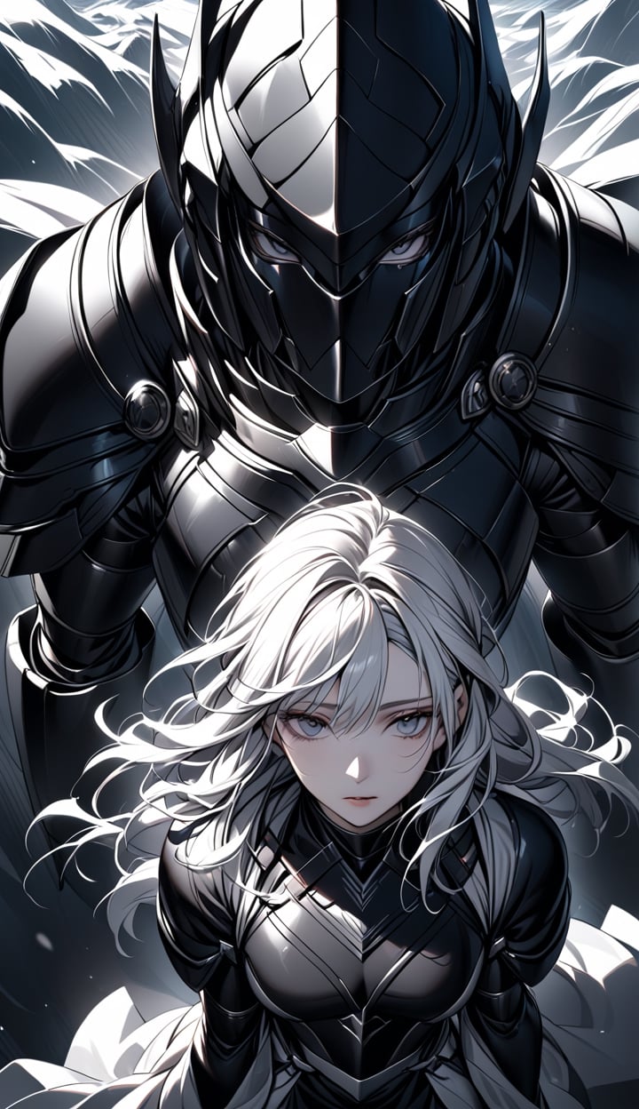 A woman wearing a black armor and armor head. Long white hair with grey eyes.The angle of the image is from above and the scene has a cinematic lighting, cold gaze, thin eyes, mole under the eyes