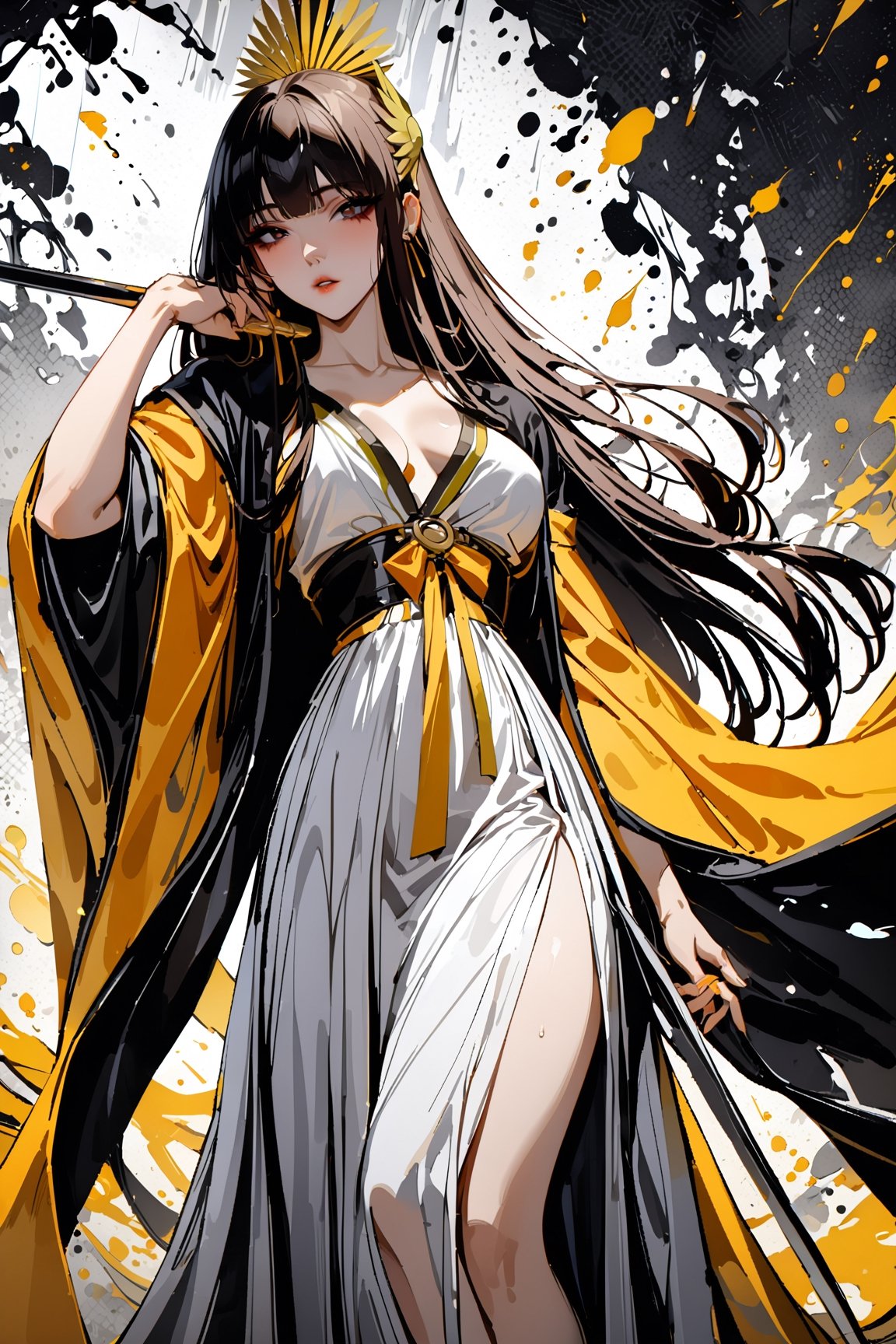 ((masterpiece, best quality, highres, amazing quality, very aesthetic, absurdres, 8k)), muelsyse (arknights),1girl, black long hair, black eyes ,solo,hanfu,chinese grey clothes,splatter background, holding sword, niji6,more detail XL,sakimichan style,niji6,<lora:659095807385103906:1.0>