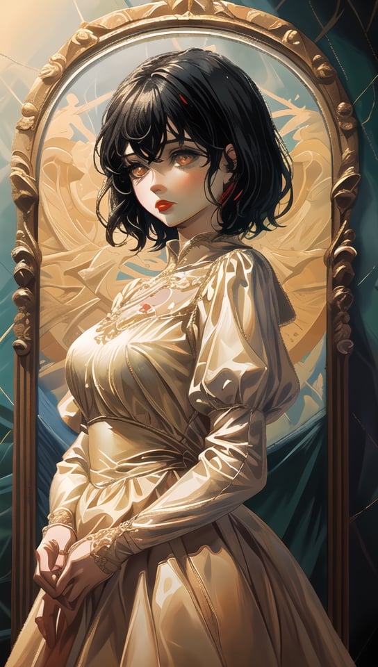 (best quality, masterpiece:1.2),ultra detailed,solo,cute girl,short hair,black hair,shining yellow, white dress, red lips,eyes,dreaming_background,retroartstyle,nodf_lora