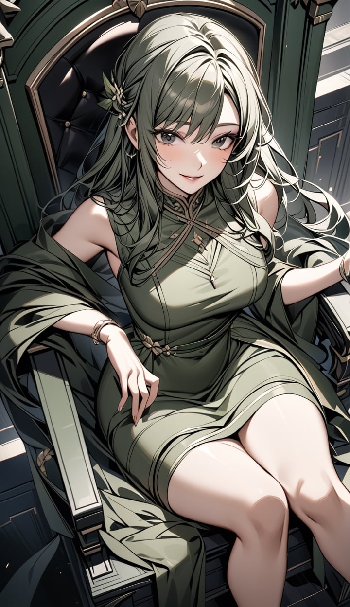 A woman sitting on a throne wearing a olive green dress. Long ash hair with black eyes.The angle of the image is from above and the scene has a cinematic lighting, she smiles smugly.