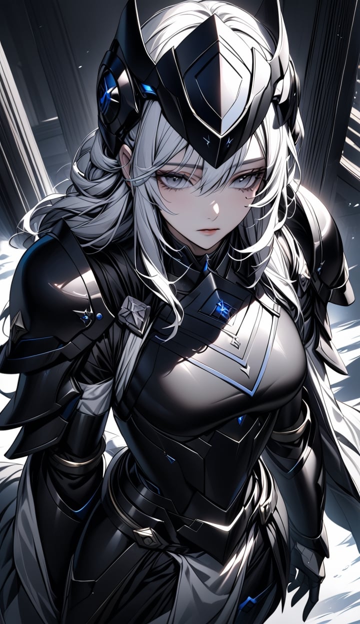 A woman wearing a black armor and armor head. Long white hair with grey eyes.The angle of the image is from above and the scene has a cinematic lighting, cold gaze, thin eyes, mole under the eyes