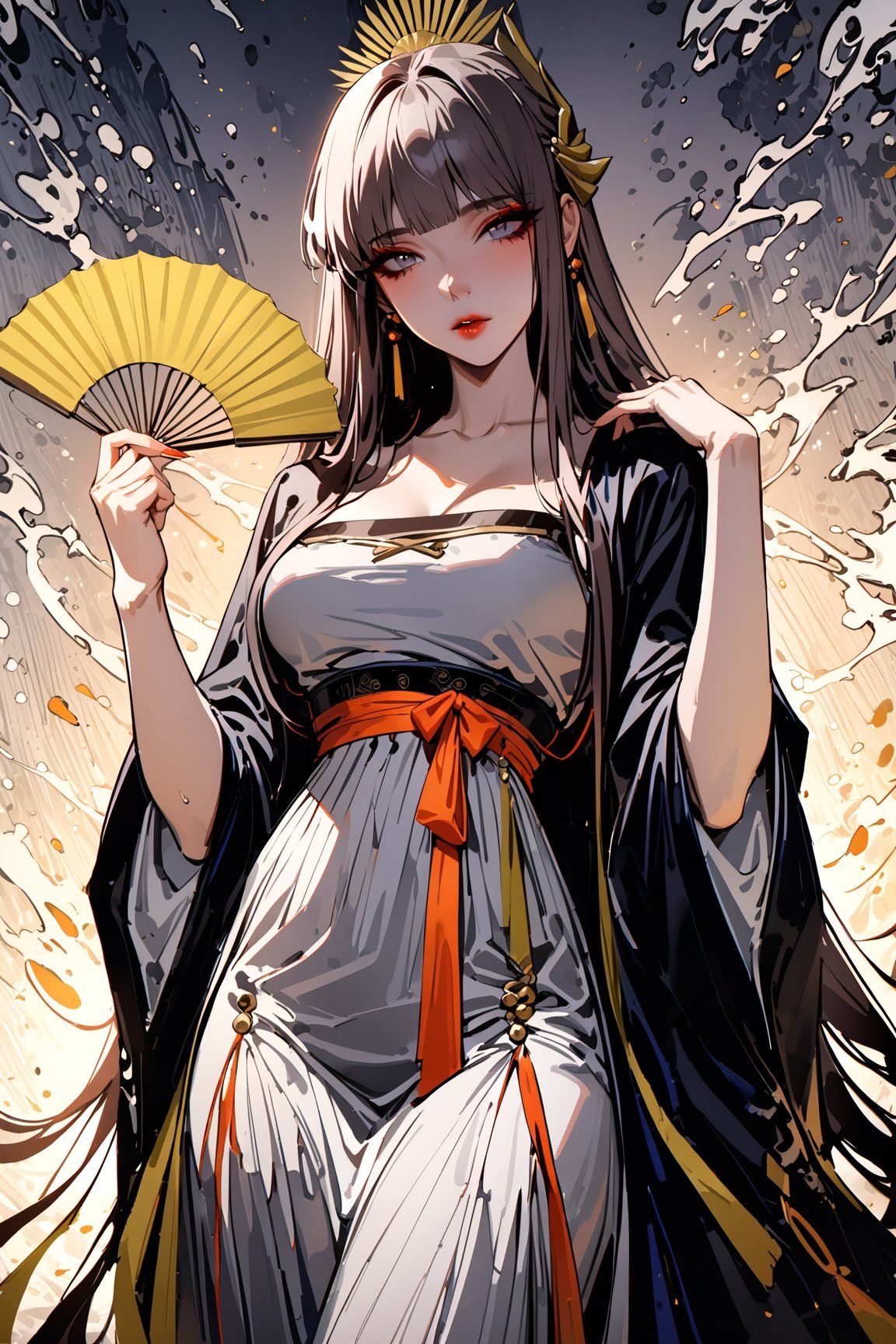 ((masterpiece, best quality, highres, amazing quality, very aesthetic, absurdres, 8k)), muelsyse (arknights),1girl, black long hair, grey eyes ,solo,hanfu,chinese grey clothes,splatter background, holding fan, niji6,more detail XL,sakimichan style,niji6,<lora:659095807385103906:1.0>