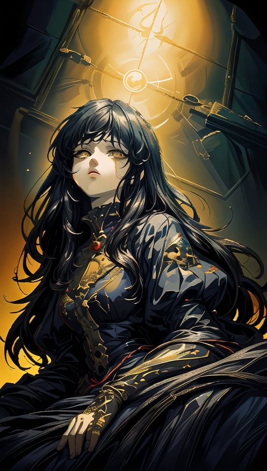 (best quality, masterpiece:1.2),ultra detailed,solo,cute girl,black hair,shining yellow eyes,dreaming_background,retroartstyle,nodf_lora