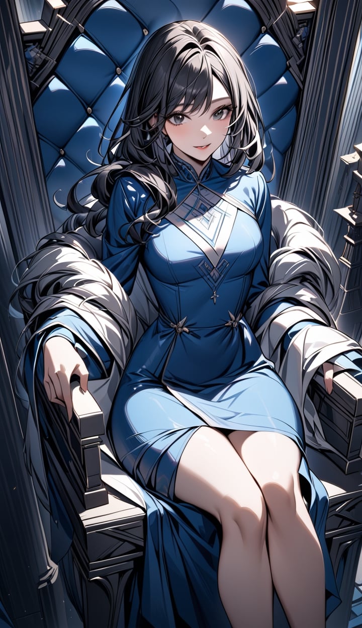 A woman sitting on a throne wearing a blue dress. Long ash hair with black eyes.The angle of the image is from above and the scene has a cinematic lighting, she smiles smugly.