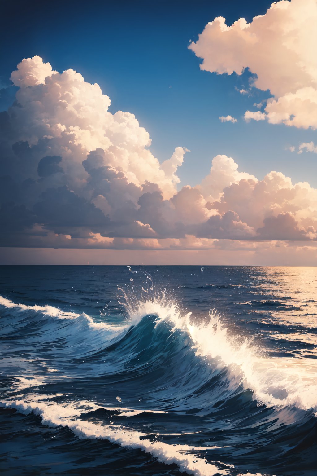 beautiful scene of an offshore, water splash, evening clouds,