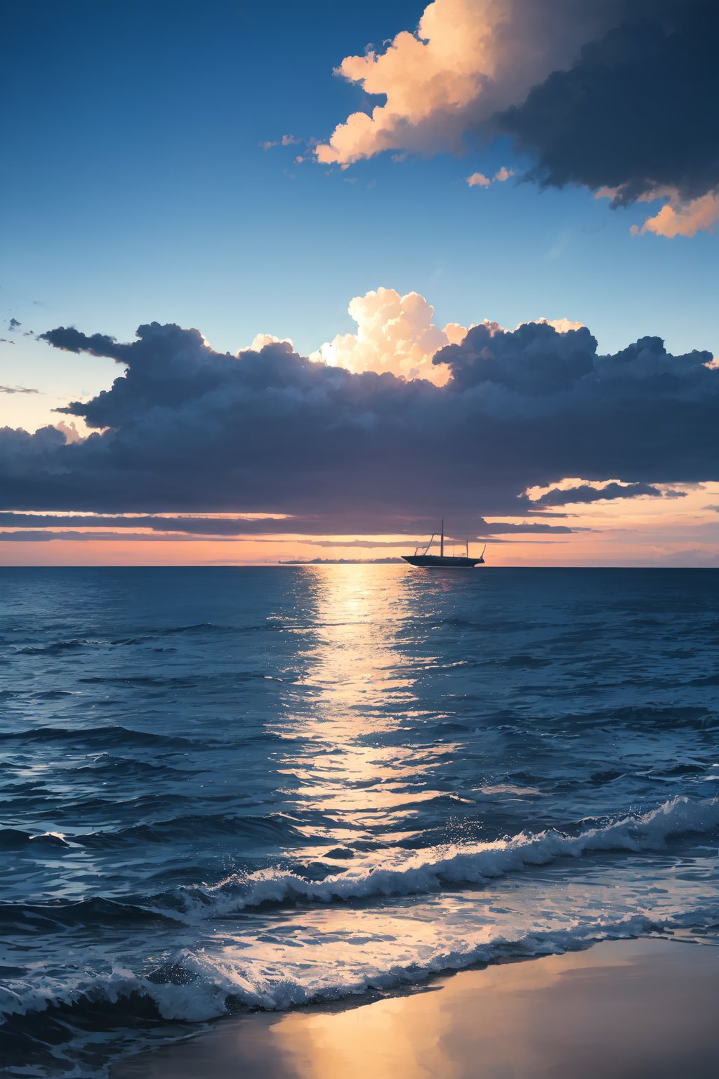 beautiful scene of an offshore, water splash, evening clouds,