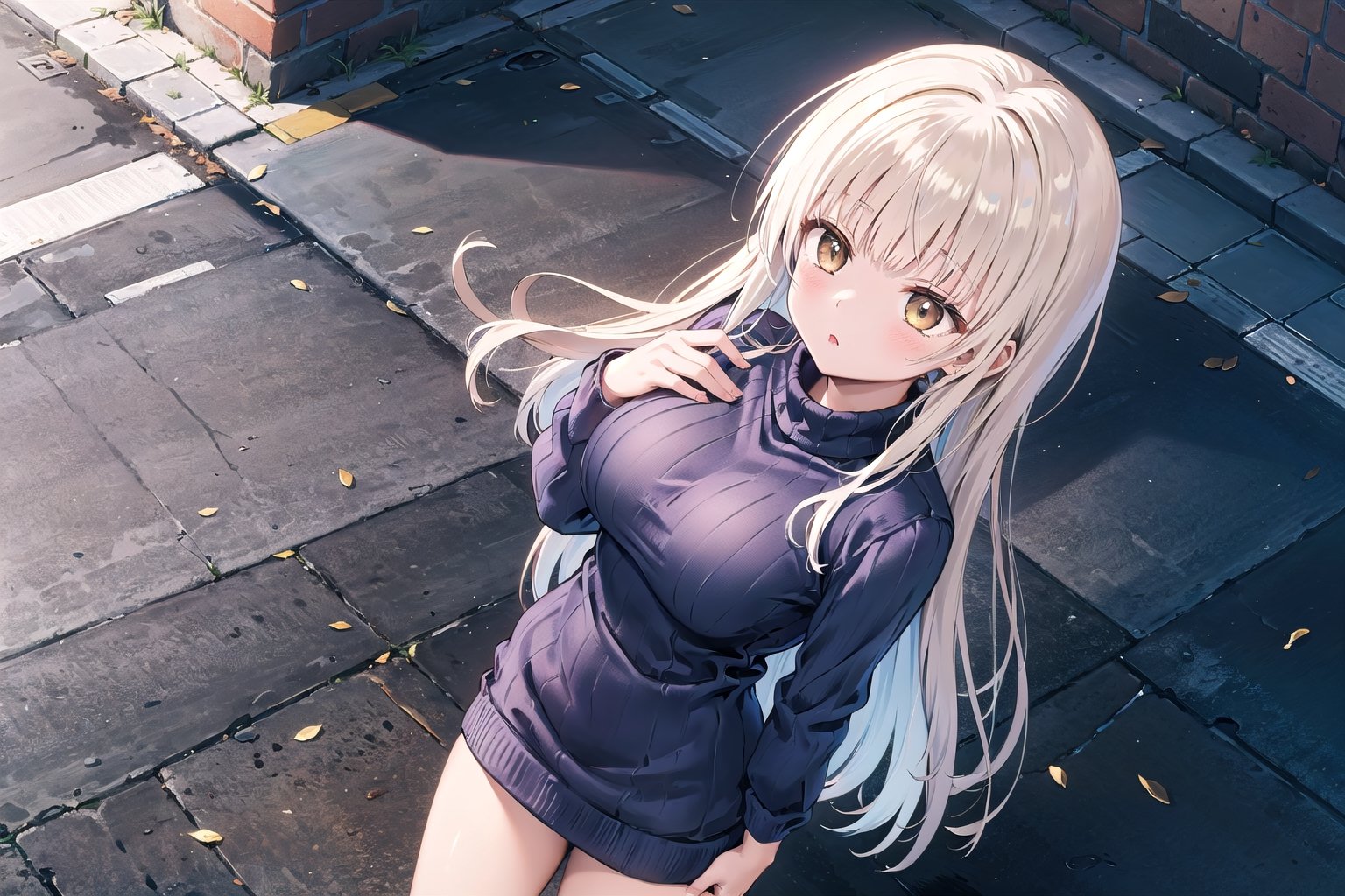 masterpiece, best quality, highres, aamahiru, long hair, lora:shiina_mahiru_v1:0.7, large breasts, sweater dress, turtleneck, night, street, standing,pose,、Best Shadows、Rim lighting、side lights、,thigh,(from above:1.1)