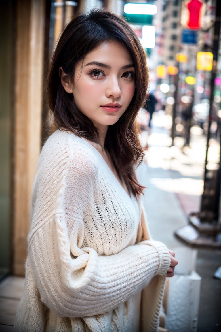 film photo, low Resolution, street snap, subsurface scattering, Rembrandt lighting, details skin texture, look at far, Depth of field, city street background, lovely Japanese girl,Deep v sweater,short short,night, perfect finger,smile,silm finger,3D