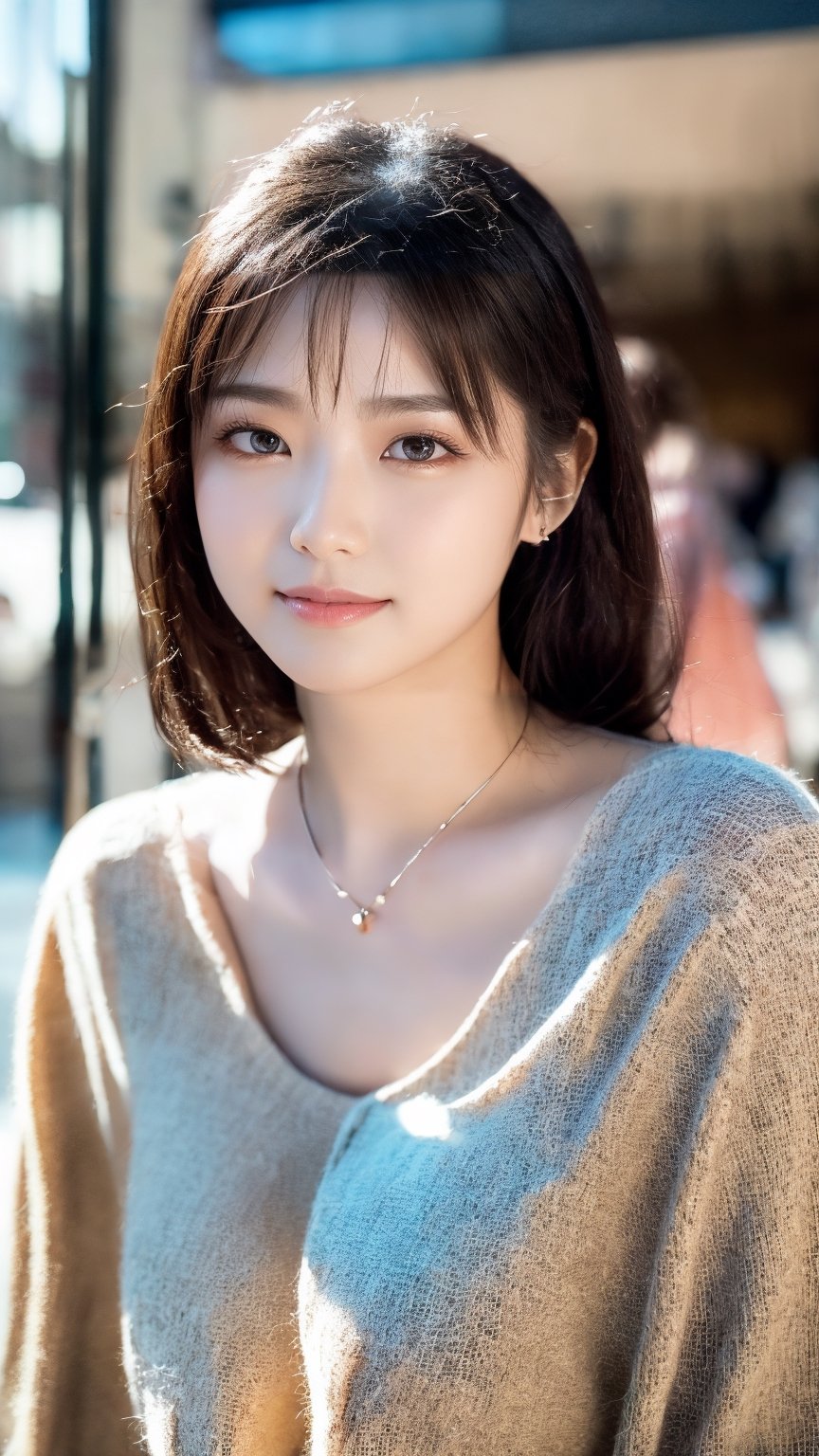 Beautiful and delicate light, (beautiful and delicate eyes), pale skin, big smile, (brown eyes), (black long hair), dreamy, medium chest, woman 1, (front shot), Korean girl, bangs, soft expression, height 170, elegance, bright smile, 8k art photo, realistic concept art, realistic, portrait, necklace, small earrings, handbag, fantasy, jewelry, shyness, short jacket, skirt, (red ribbon tie long-sleeved blouse),alluring_lolita_girl,colorful_girl_v2,white_dress,1 girl ,solo,beauty,girl, ,3D