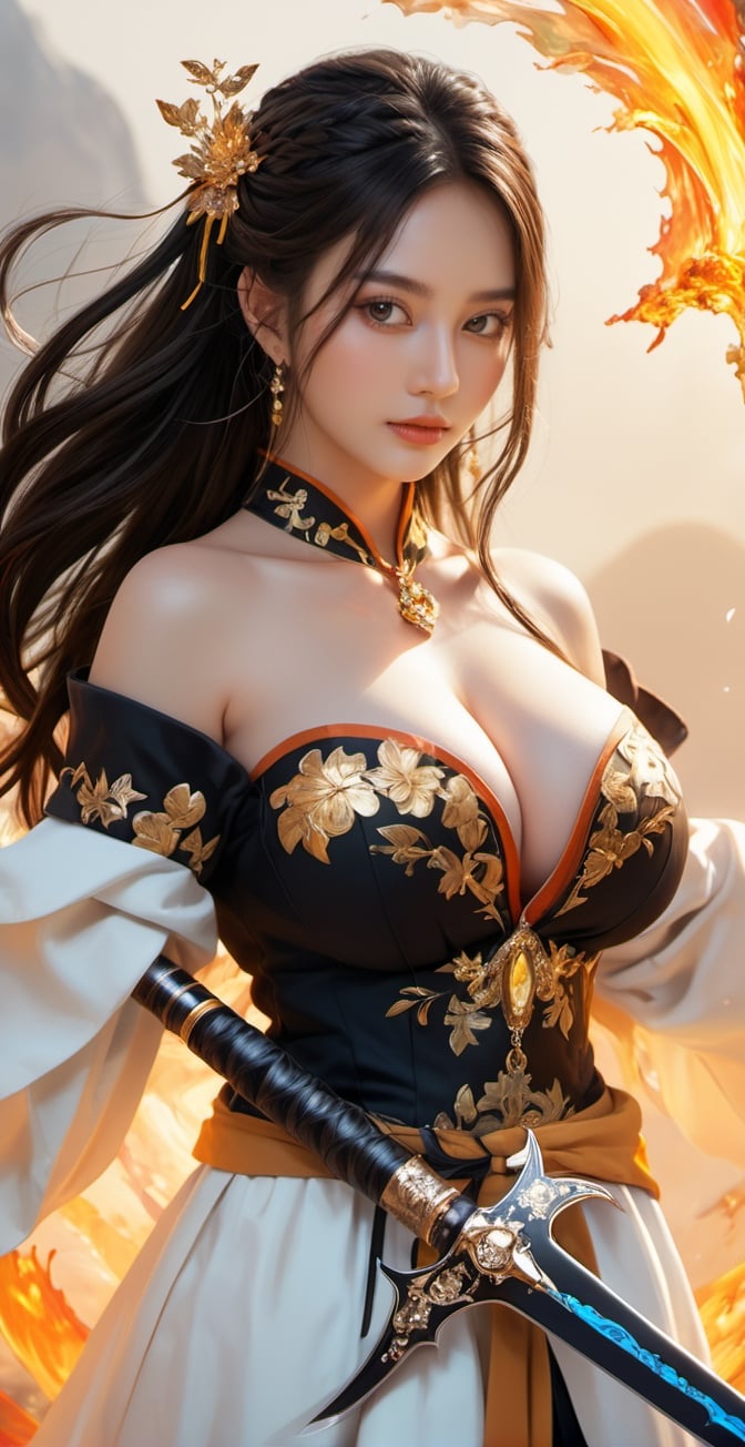 (1girl),(Masterpiece, Top Quality, Best Quality, Official Art, Ethereal, Beauty & Aesthetics), Cute, Extremely Detailed, Abstract, Fractal Art, Black Hair, Long Hair, Destiny Series, Colorful, Most Detailed, Fire, Ice, Lightning, Jewelry, black gold Hanfu, landscape, ink, (ink line: 1.1), holding a sword, very detailed sword, 4k, sunlight, high detail, Hori, smile, (oil shiny skin:1.3), (huge_boobs:2.6), willowy, chiseled, (hunky:2.2), body turn 6 degree, (perfect anatomy, prefecthand, dress, long fingers, 4 fingers, 1 thumb), 9 head body lenth, dynamic sexy pose, breast apart, ((full body:0.6)), (artistic pose of a woman),DonMChr0m4t3rr4XL 