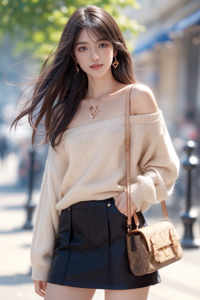 background is Paris,
18 yo, 1 girl, beautiful korean girl,fashion model,
wearing sweater,short skirt(chess pattern),shoulder bag(Louis Vuitton),happy laugh,cloth blowing by wind, solo, {beautiful and detailed eyes}, dark eyes, calm expression, delicate facial features, ((model pose)), Glamor body type, (dark hair:1.2), simple tiny earrings, simple tiny necklace,very_long_hair, hair past hip, bangs, curly hair, flim grain, realhands, masterpiece, Best Quality, 16k, photorealistic, ultra-detailed, finely detailed, high resolution, perfect dynamic composition, beautiful detailed eyes, eye smile, ((nervous and embarrassed)), sharp-focus, full_body, cowboy_shot,3D