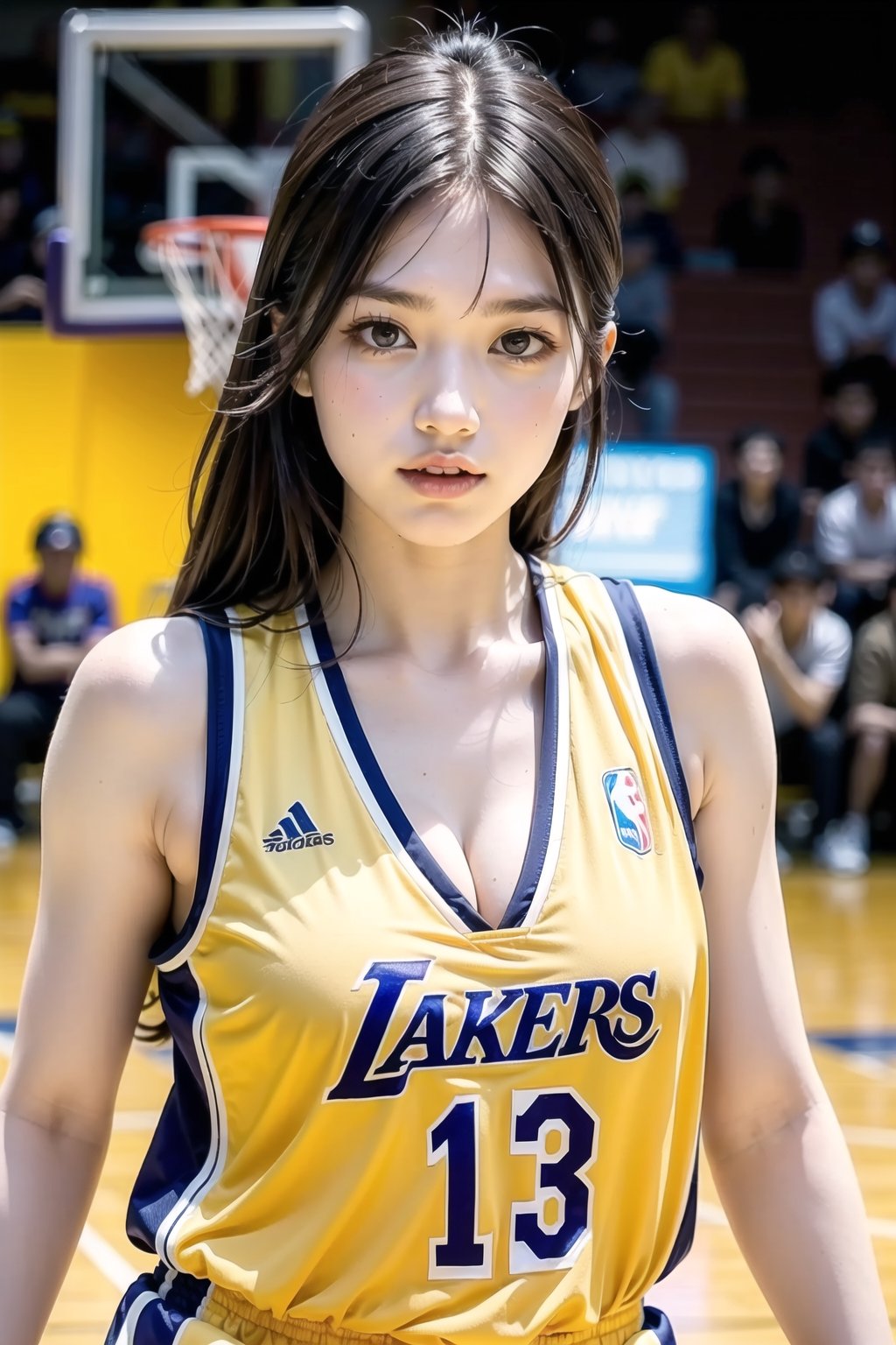 Extremely realistic, best quality, masterpiece, high resolution, high quality, high details, perfect human anatomy, realistic, cute little face and eyes and body and fingers and skin, perfect face and eyes and body and fingers and skin, detailed face with eyes, body, fingers and skin, 16K, 1 female student, big breasts, wearing loose Golden Island Warriors basketball clothes (no underwear showing cleavage), playing basketball at the Lakers basketball court, concentration expression, professional demeanor,