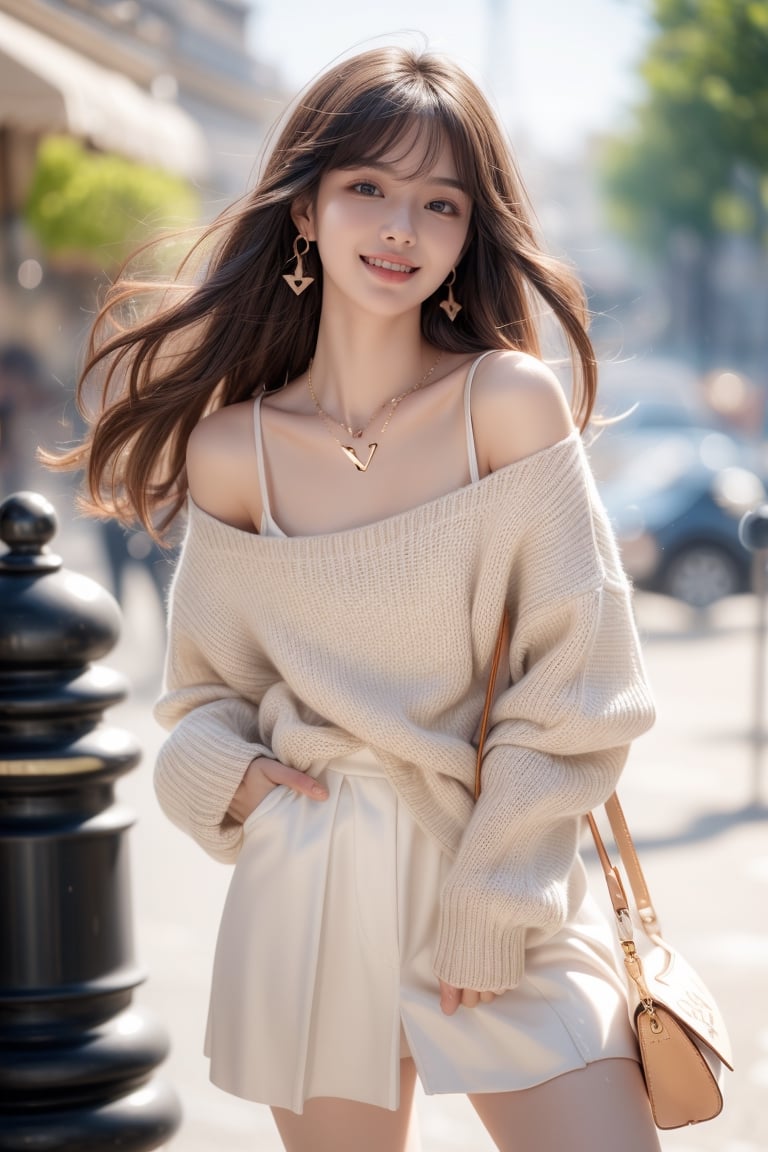 background is Paris,
18 yo, 1 girl, beautiful korean girl,fashion model,
wearing sweater,short skirt(chess pattern),shoulder bag(Louis Vuitton),happy laugh,cloth blowing by wind, solo, {beautiful and detailed eyes}, dark eyes, calm expression, delicate facial features, ((model pose)), Glamor body type, (dark hair:1.2), simple tiny earrings, simple tiny necklace,very_long_hair, hair past hip, bangs, curly hair, flim grain, realhands, masterpiece, Best Quality, 16k, photorealistic, ultra-detailed, finely detailed, high resolution, perfect dynamic composition, beautiful detailed eyes, eye smile, ((nervous and embarrassed)), sharp-focus, full_body, cowboy_shot,3D