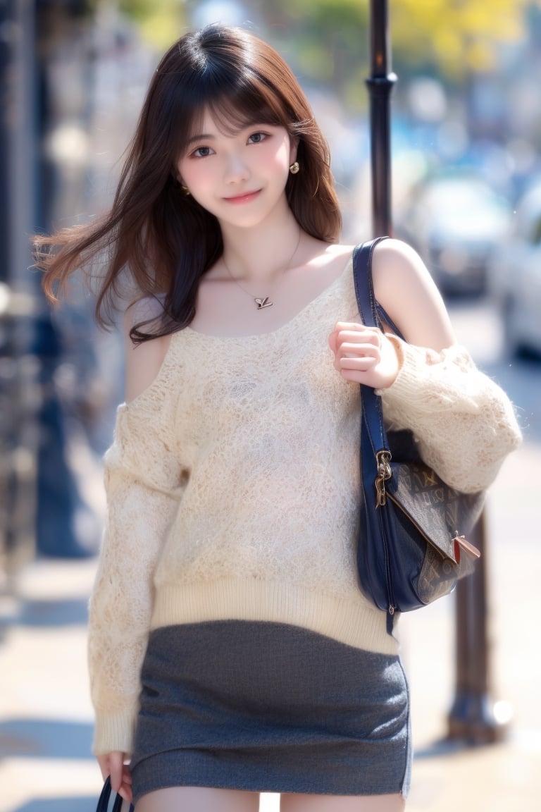 background is Paris,
18 yo, 1 girl, beautiful korean girl,fashion model,
wearing sweater,short skirt(chess pattern),shoulder bag(Louis Vuitton),happy laugh,cloth blowing by wind, solo, {beautiful and detailed eyes}, dark eyes, calm expression, delicate facial features, ((model pose)), Glamor body type, (dark hair:1.2), simple tiny earrings, simple tiny necklace,very_long_hair, hair past hip, bangs, curly hair, flim grain, realhands, masterpiece, Best Quality, 16k, photorealistic, ultra-detailed, finely detailed, high resolution, perfect dynamic composition, beautiful detailed eyes, eye smile, ((nervous and embarrassed)), sharp-focus, full_body, cowboy_shot,3D