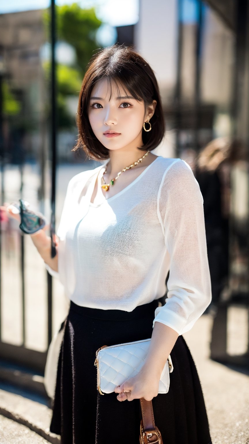 Beautiful and delicate light, (beautiful and delicate eyes), pale skin, big smile, (brown eyes), (black long hair), dreamy, medium chest, woman 1, (front shot), Korean girl, bangs, soft expression, height 170, elegance, bright smile, 8k art photo, realistic concept art, realistic, portrait, necklace, small earrings, handbag, fantasy, jewelry, shyness, short jacket, skirt, (red ribbon tie long-sleeved blouse),alluring_lolita_girl,colorful_girl_v2,white_dress,1 girl ,solo,beauty,girl, ,3D