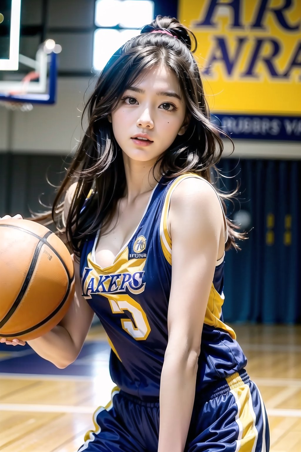 Extremely realistic, best quality, masterpiece, high resolution, high quality, high details, perfect human anatomy, realistic, cute little face and eyes and body and fingers and skin, perfect face and eyes and body and fingers and skin, detailed face with eyes, body, fingers and skin, 16K, 1 female student, big breasts, wearing loose Golden Island Warriors basketball clothes (no underwear showing cleavage), playing basketball at the Lakers basketball court, concentration expression, professional demeanor,