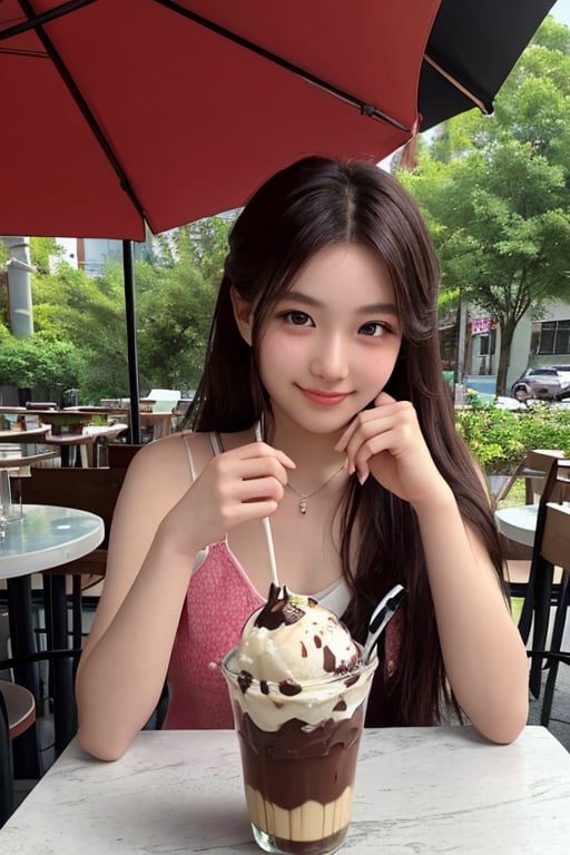 (masterpiece, 4k resolution, 1girl, (20 years old), (beautiful face:1.2)) A stunning Japanese girl with long, flowing hair sits at an outdoor café, enjoying a delicious sundae in a glass cup. The sundae is topped with colorful fruit syrups dripping down the sides, with creamy and rich ice cream beneath. Sprinkled on top are shiny chocolate chips, adding a playful touch to the dessert. She is smiling softly as she takes a bite, her expression one of pure delight. The café is bathed in warm, natural light, with green plants and a peaceful atmosphere in the background, enhancing the serene and joyful moment.