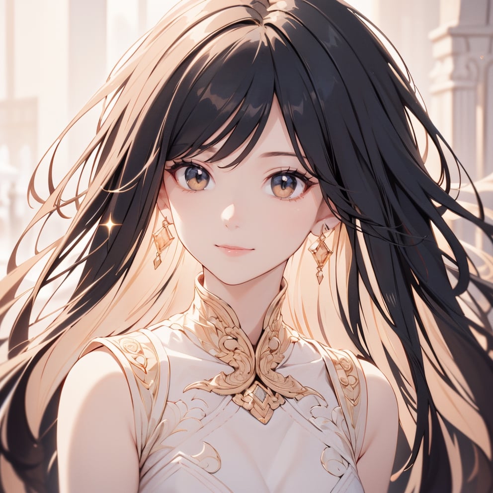 (Highest Quality), (Realistic, Realistic:1.1), Highest Quality, Masterpiece, Beautiful and Aesthetic, 16K, High Contrast, (Vivid Colors:1.3), Exquisite Details and Textures, Cinematic Shots, Warm Tone, (Bright, Intense: 1.1) ), Highly realistic illustration background, black long hair, brown eyes, beautiful Korean girl, pale skin, small earrings, detailed character design style, digital airbrushing, 8k resolution, glowing colors Ultra HD, detailed painting, wide smiling face, Sparkly, cute and adorable, surreal, breathtaking beauty, pure perfection, divine, unforgettable, impressive, front view, skirt, shirt,masterpiece