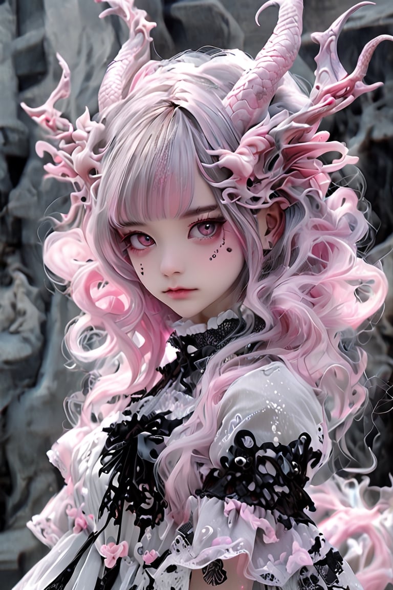 A Gothic Lolita girl with dragon eyes and dragon horns,Depth and Dimension in the Pupils,
gracefully crystalline cheeks, her attire adorned with intricate pink lace and dark, ethereal fabrics,(intricate dragon horns) elegantly complement her elaborate hairstyle, creating a mystical and captivating presence. Her eyes, reminiscent of a dragon's gaze, exude an otherworldly charm, adding a touch of fantasy to the Gothic Lolita aesthetic. The fusion of traditional Lolita elements with dragon-inspired details results in a unique and enchanting character.,dragon-themed,goth person,lolita_fashion,echmrdrgn