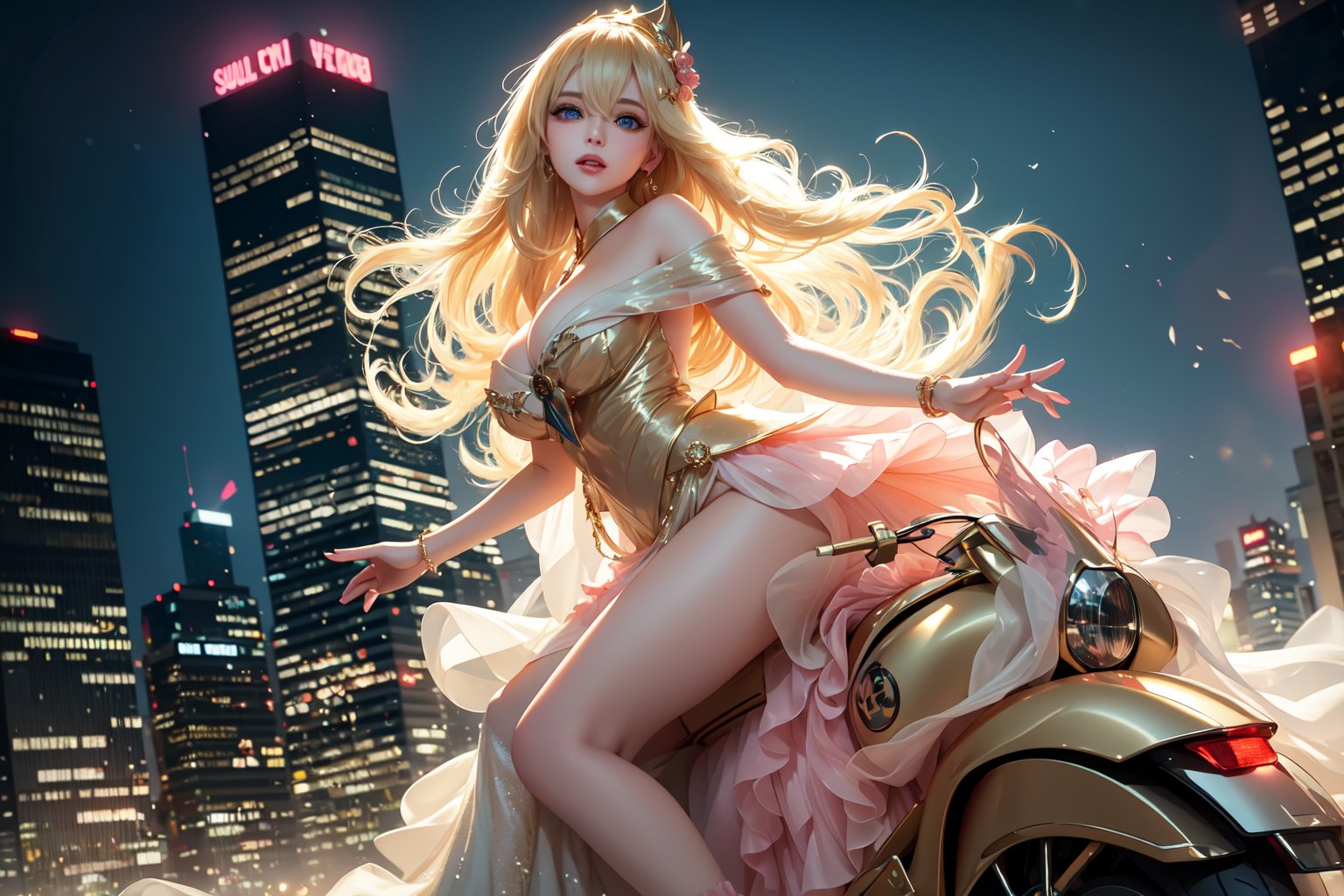 In a neon-drenched urban landscape, a sultry goddess astride a powerful motorcycle strikes a confident pose amidst towering skyscrapers. The vibrant glow illuminates the blue-pink frilled wedding dress clinging to her curves, showcasing the Wizard's hat-adorned bangs and off-shoulder design. Blond locks cascade down like a river, framing her striking features and golden hair flowing behind her. Piercing blue eyes gleam with mischief as she confronts the viewer beneath an ornate hair ornament on her flowing locks. City lights accentuate her features, highlighting sugary sweet sensuality in this Sugimori Ken-inspired art piece.