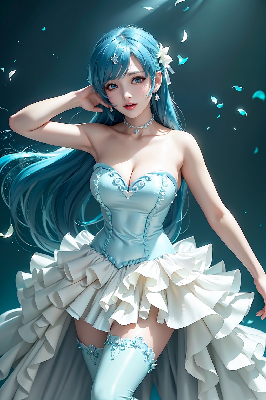 Here's a prompt that captures the essence of this vivid description:

Create an image of an idol in a daring pose on a stage lit by warm movie lighting and neon lights. She wears a revealing blue frilled wedding dress with long blue hair adorned with gems. Her breasts are showcased with cleavage, glistening with sweat as she points with one hand while her other arm rests on the stage. The spotlight highlights her figure, white stockings, and intricate hair accessories against a blurred background of floral patterns and music notes. Ryuubi-style cross laces adorn her underbust, lifting her skirt to reveal more of her stunning physique. The overall effect should be visually stunning, with high-quality details and a sense of movement.