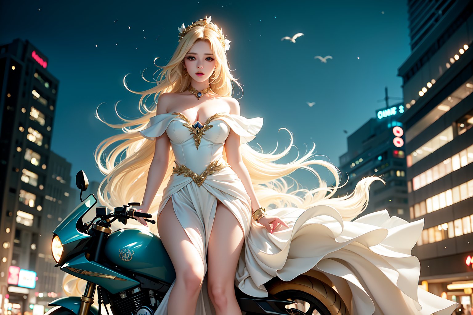 A sultry urban goddess astride a powerful motorcycle, bathed in vibrant neon city glow, confidently strikes a pose amidst towering skyscrapers. Neon hues illuminate the blue-pink frilled wedding dress clinging to her curves, showcasing the Wizard's hat-adorned bangs and off-shoulder design. blond long hair cascade down like a river, framing her striking features and golden hair flowing behind her. Piercing blue eyes gleam with mischief as she confronts the viewer beneath an ornate hair ornament on her flowing locks. City lights accentuate her features, highlighting a sugary sweet sensuality in this Sugimori Ken-inspired art piece.