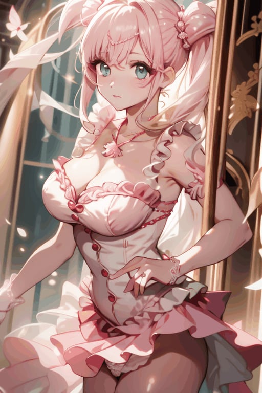 Here's a coherent and descriptive prompt for the described image:

A close-up shot of a majestic idol standing on stage amidst hearts, with her big aqua eyes sparkling as she poses sweetly beneath her pink-white frilled wedding dress. The camera focuses on her underbust design accentuating large breasts, framed by delicate lace details. Her pink heart-shaped twintails adorned with gems and jewelry cascade down, adorned with hair ornaments that catch the light. As the skirt flies up, showcasing her perfectly proportioned face and tantalizing physique, a glimpse of silk panties with lace-trimmed 2.0 is revealed underneath the flowing fabric, with delicate ahoge framing her neck.