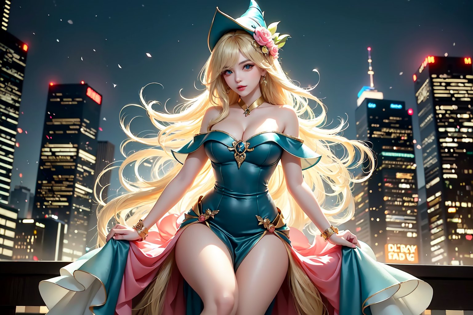 A sultry urban goddess astride a powerful motorcycle, bathed in vibrant neon city glow, confidently strikes a pose amidst towering skyscrapers. Neon hues illuminate the blue-pink frilled wedding dress clinging to her curves, showcasing the Wizard's hat-adorned bangs and off-shoulder design. blond long hair cascade down like a river, framing her striking features and golden hair flowing behind her. Piercing blue eyes gleam with mischief as she confronts the viewer beneath an ornate hair ornament on her flowing locks. City lights accentuate her features, highlighting a sugary sweet sensuality in this Sugimori Ken-inspired art piece.