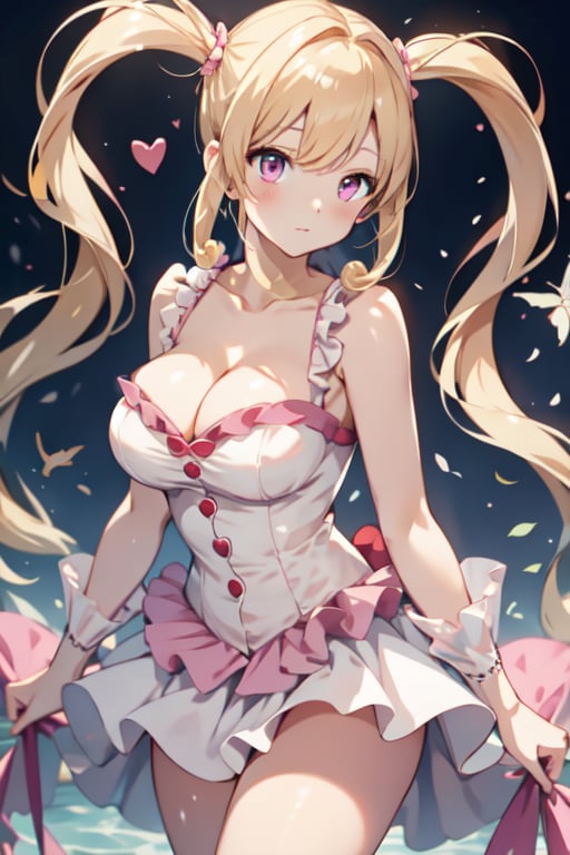 (Masterpiece), best quality, high resolution, highly detailed, She has blond long hair, Heart-shaped twintails, large breasts, cleavage. She wears torn pink frilled weeding dress