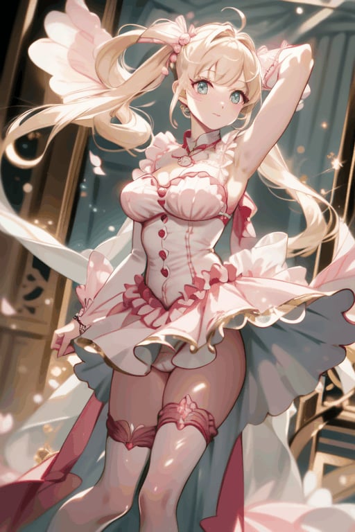 Here's a coherent and descriptive prompt for the described image:

A close-up shot of a majestic idol standing on stage amidst hearts, with her big aqua eyes sparkling as she poses sweetly beneath her pink-white frilled wedding dress. The camera focuses on her underbust design accentuating large breasts, framed by delicate lace details. Her heart-shaped twintails adorned with gems and jewelry cascade down, adorned with hair ornaments that catch the light. As the skirt flies up, showcasing her perfectly proportioned face and tantalizing physique, a glimpse of silk panties with lace-trimmed 2.0 is revealed underneath the flowing fabric, with delicate ahoge framing her neck.