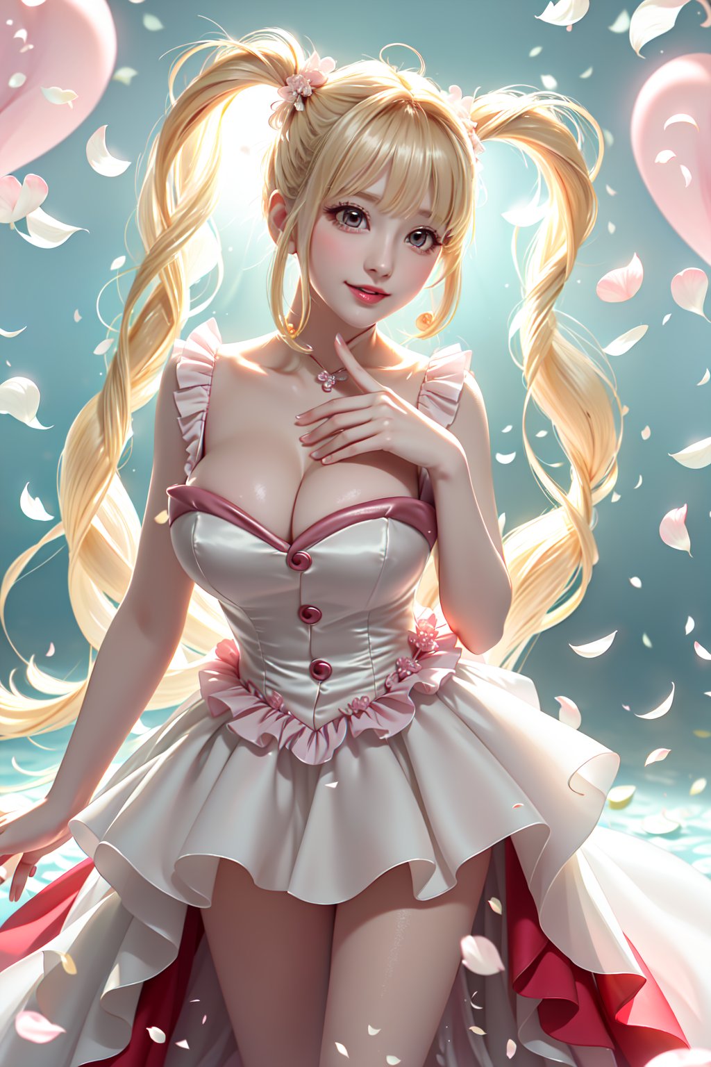 Here's a prompt that captures the essence of this breathtaking scene:

Stunning idol pose: Frontal, all fours position, pink frilled wedding dress showcasing exposed breasts with cascading blond hair, heart-shaped twintails, and sparkling gems. Warm movie lighting accentuates large breasts, glowing under neon-lit stage with confetti and hearts floating in air. Idol's sweet smile radiates with blush as she points, sweat glistening on skin. Framing spotlight highlights white stockings, ruffled dress, and intricate hair accessories amidst blurred floral patterns and music notes background. Ryuubi-style cross laces adorn underbust, lifting skirt to reveal stunning physique.