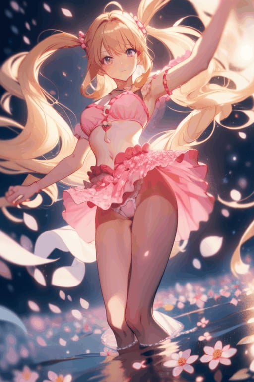 Luchia stands regally, her golden twintails flowing like a sunset's warmth amidst a whirlpool of pink fabric. Framed from below, the camera captures her struggle to tame the swirling skirts with pressed hands. Delicate glimpses of lace panties peek out, exuding intimate allure. Soft floral dress against a simple background, a field of white flowers subtly blooms at her feet as petals scatter capturing the ethereal essence of this captivating moment.