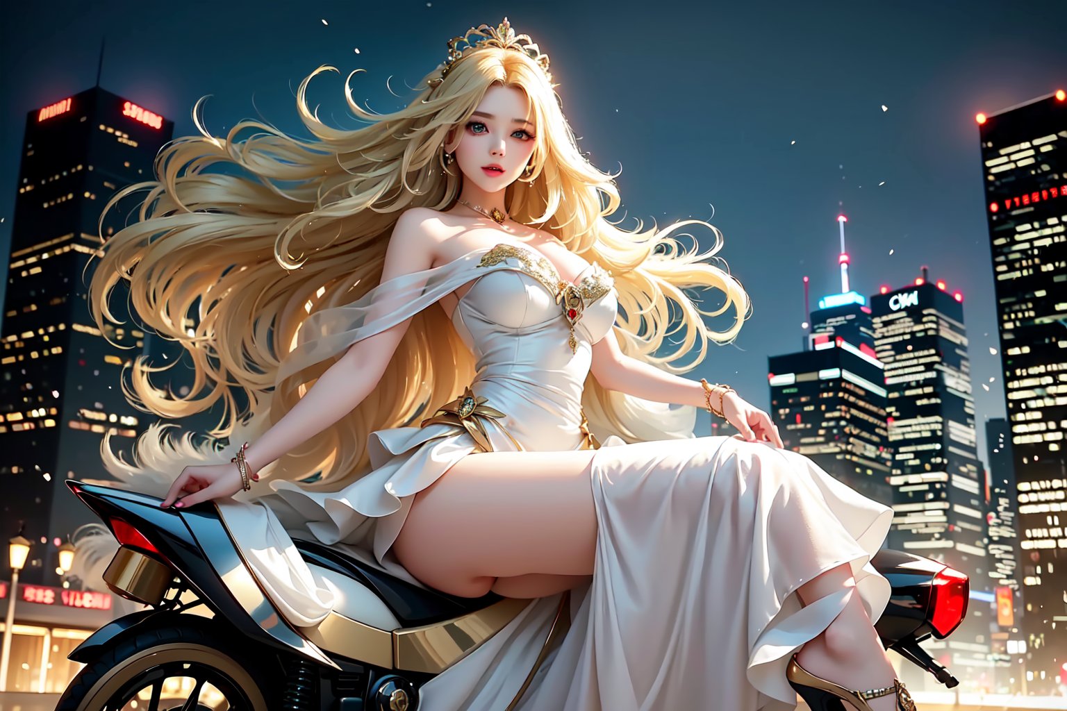 A sultry urban goddess astride a powerful motorcycle, bathed in vibrant neon city glow, confidently strikes a pose amidst towering skyscrapers. Neon hues illuminate the blue-pink frilled wedding dress clinging to her curves, showcasing the Wizard's hat-adorned bangs and off-shoulder design. blond long hair cascade down like a river, framing her striking features and golden hair flowing behind her. Piercing blue eyes gleam with mischief as she confronts the viewer beneath an ornate hair ornament on her flowing locks. City lights accentuate her features, highlighting a sugary sweet sensuality in this Sugimori Ken-inspired art piece.