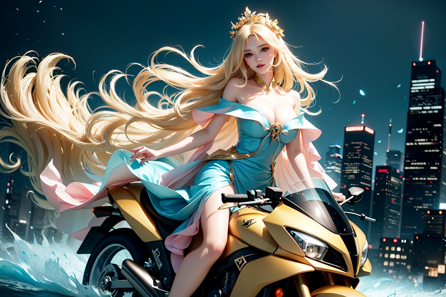 A sultry urban goddess astride a powerful motorcycle, bathed in vibrant neon city glow, confidently strikes a pose amidst towering skyscrapers. Neon hues illuminate the blue-pink frilled wedding dress clinging to her curves, showcasing the Wizard's hat-adorned bangs and off-shoulder design. blond long hair cascade down like a river, framing her striking features and golden hair flowing behind her. Piercing blue eyes gleam with mischief as she confronts the viewer beneath an ornate hair ornament on her flowing locks. City lights accentuate her features, highlighting a sugary sweet sensuality in this Sugimori Ken-inspired art piece.