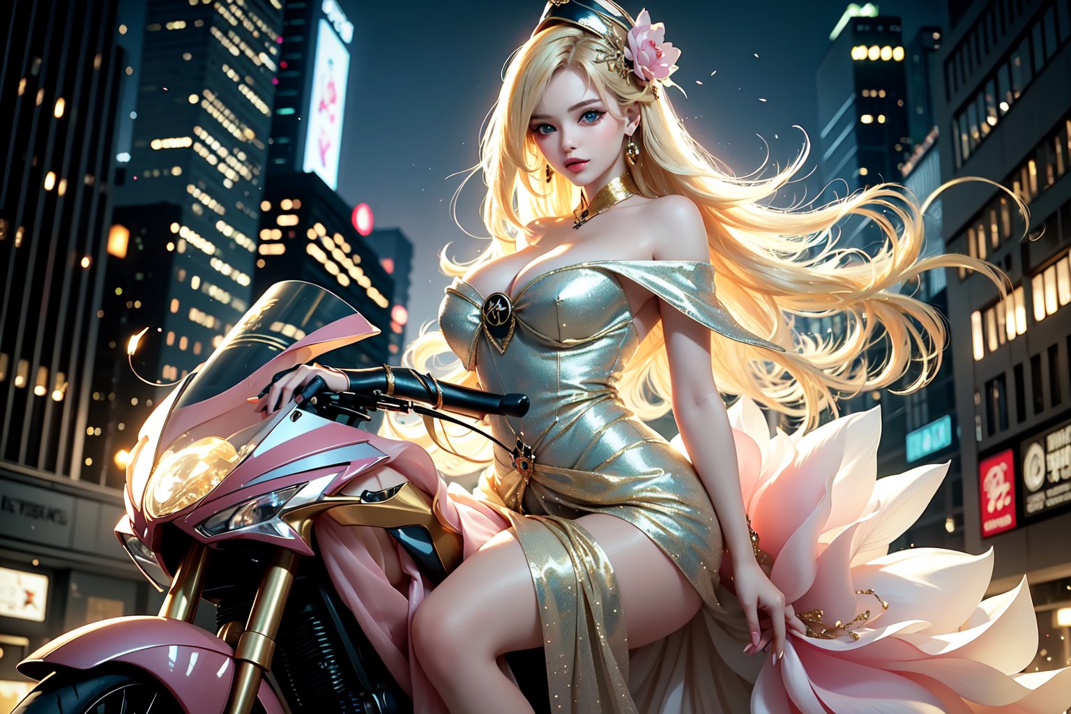 A sultry urban goddess astride a powerful motorcycle, bathed in vibrant neon city glow, confidently strikes a pose amidst towering skyscrapers. Neon hues illuminate the blue-pink frilled wedding dress clinging to her curves, showcasing the Wizard's hat-adorned bangs and off-shoulder design. blond long hair cascade down like a river, framing her striking features and golden hair flowing behind her. Piercing blue eyes gleam with mischief as she confronts the viewer beneath an ornate hair ornament on her flowing locks. City lights accentuate her features, highlighting a sugary sweet sensuality in this Sugimori Ken-inspired art piece.