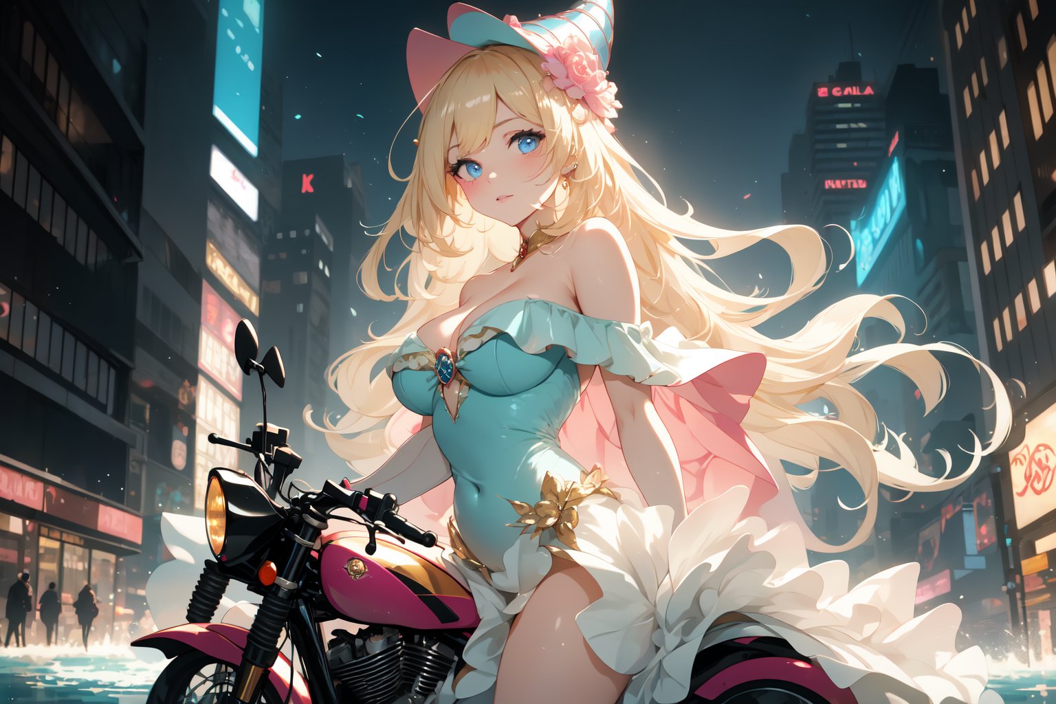 A sultry urban goddess astride a powerful motorcycle, bathed in vibrant neon city glow, confidently strikes a pose amidst towering skyscrapers. Neon hues illuminate the blue-pink frilled wedding dress clinging to her curves, showcasing the Wizard's hat-adorned bangs and off-shoulder design. blond long hair cascade down like a river, framing her striking features and golden hair flowing behind her. Piercing blue eyes gleam with mischief as she confronts the viewer beneath an ornate hair ornament on her flowing locks. City lights accentuate her features, highlighting a sugary sweet sensuality in this Sugimori Ken-inspired art piece.