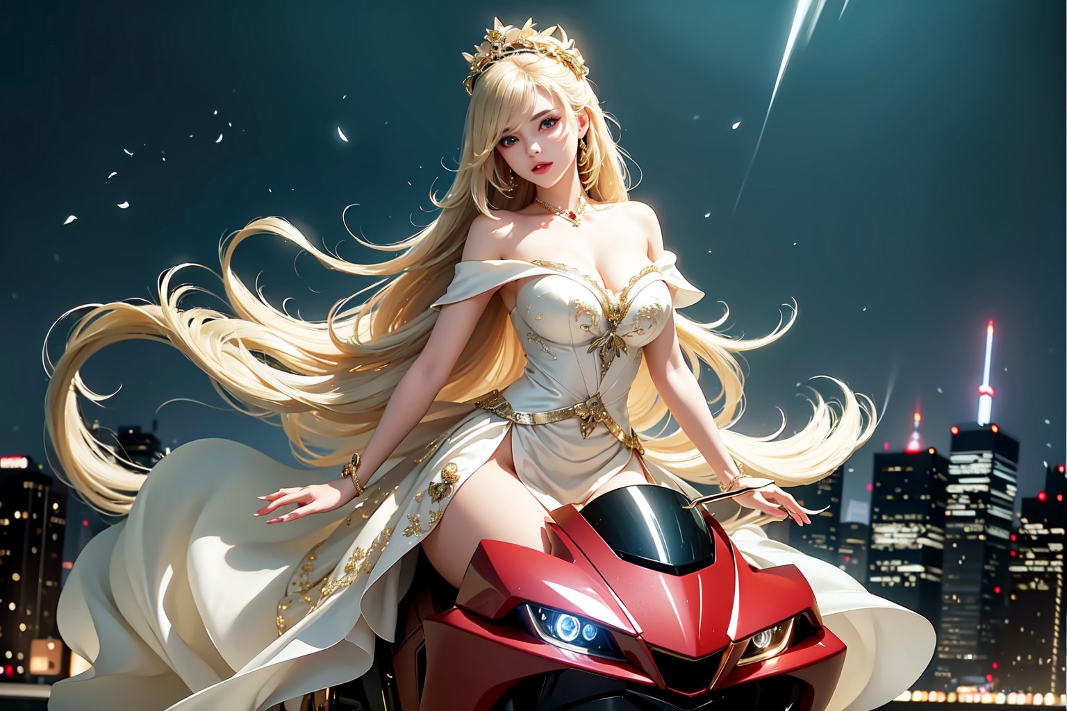 A sultry urban goddess astride a powerful motorcycle, bathed in vibrant neon city glow, confidently strikes a pose amidst towering skyscrapers. Neon hues illuminate the blue-pink frilled wedding dress clinging to her curves, showcasing the Wizard's hat-adorned bangs and off-shoulder design. blond long hair cascade down like a river, framing her striking features and golden hair flowing behind her. Piercing blue eyes gleam with mischief as she confronts the viewer beneath an ornate hair ornament on her flowing locks. City lights accentuate her features, highlighting a sugary sweet sensuality in this Sugimori Ken-inspired art piece.