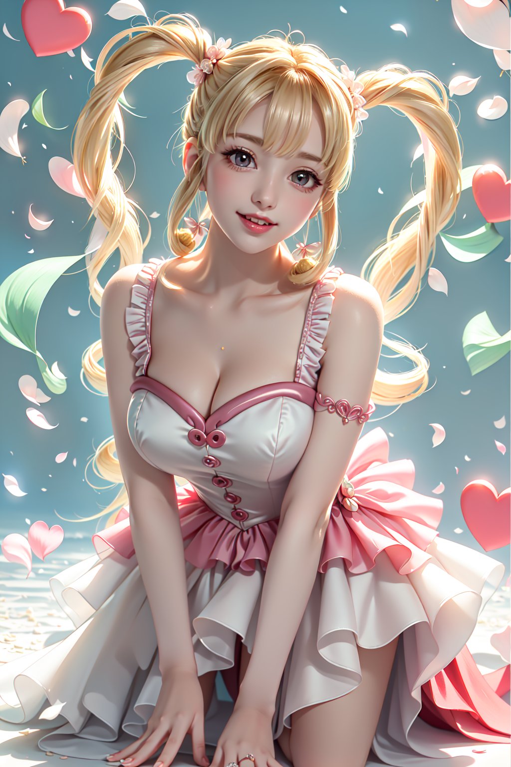 Here's a prompt that captures the essence of this breathtaking scene:

Stunning idol pose: Frontal, all fours position, pink frilled wedding dress showcasing exposed breasts with cascading blond hair, heart-shaped twintails, and sparkling gems. Warm movie lighting accentuates large breasts, glowing under neon-lit stage with confetti and hearts floating in air. Idol's sweet smile radiates with blush as she points, sweat glistening on skin. Framing spotlight highlights white stockings, ruffled dress, and intricate hair accessories amidst blurred floral patterns and music notes background. Ryuubi-style cross laces adorn underbust, lifting skirt to reveal stunning physique.