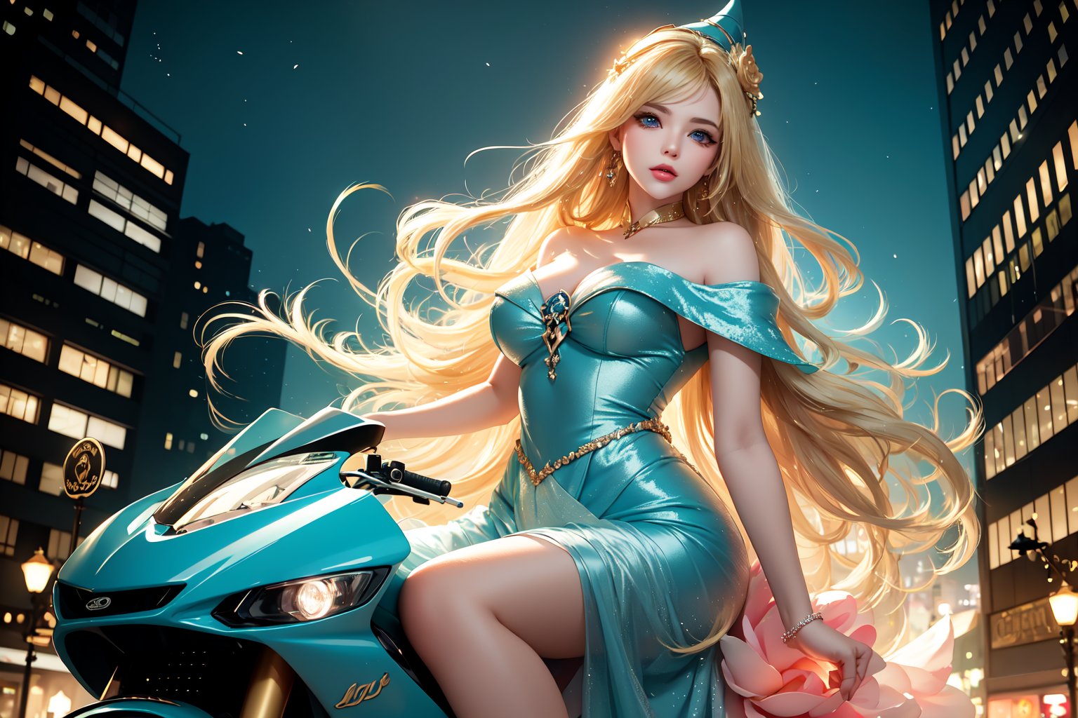 A sultry urban goddess astride a powerful motorcycle, bathed in vibrant neon city glow, confidently strikes a pose amidst towering skyscrapers. Neon hues illuminate the blue-pink frilled wedding dress clinging to her curves, showcasing the Wizard's hat-adorned bangs and off-shoulder design. blond long hair cascade down like a river, framing her striking features and golden hair flowing behind her. Piercing blue eyes gleam with mischief as she confronts the viewer beneath an ornate hair ornament on her flowing locks. City lights accentuate her features, highlighting a sugary sweet sensuality in this Sugimori Ken-inspired art piece.