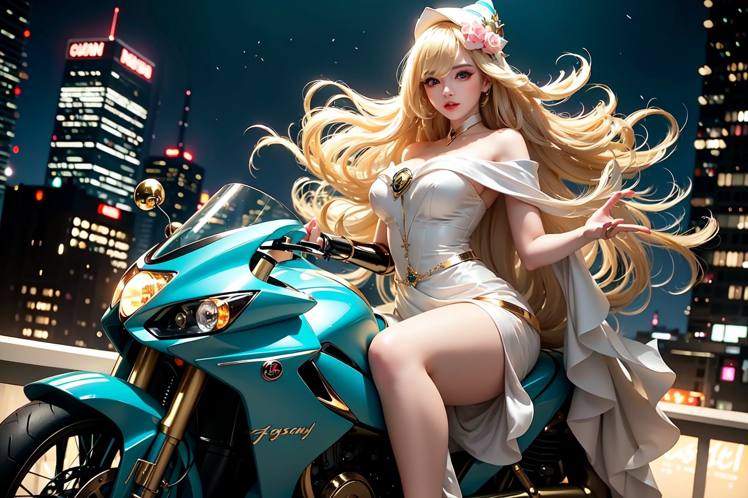 A sultry urban goddess astride a powerful motorcycle, bathed in vibrant neon city glow, confidently strikes a pose amidst towering skyscrapers. Neon hues illuminate the blue-pink frilled wedding dress clinging to her curves, showcasing the Wizard's hat-adorned bangs and off-shoulder design. blond long hair cascade down like a river, framing her striking features and golden hair flowing behind her. Piercing blue eyes gleam with mischief as she confronts the viewer beneath an ornate hair ornament on her flowing locks. City lights accentuate her features, highlighting a sugary sweet sensuality in this Sugimori Ken-inspired art piece.