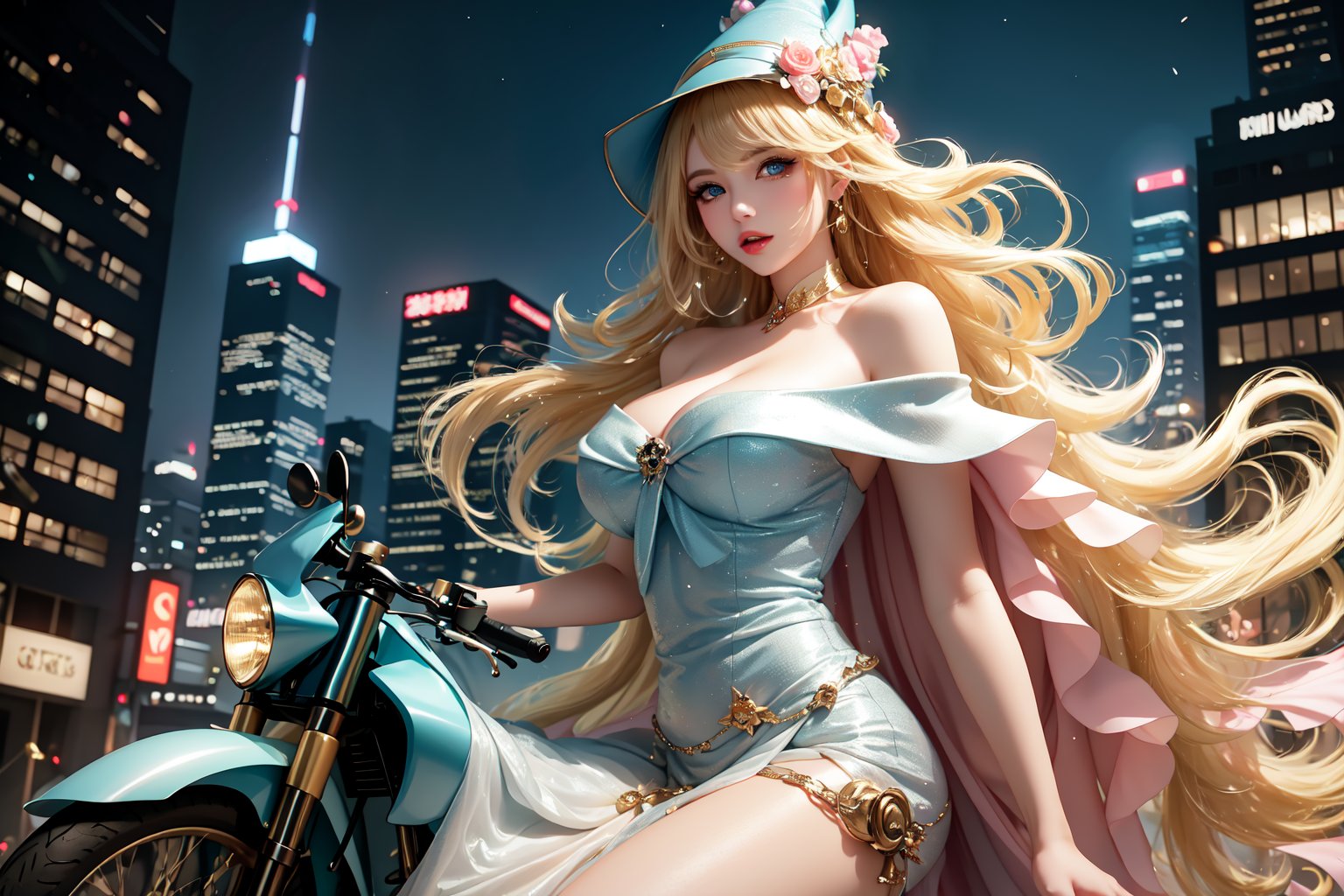 A sultry urban goddess astride a powerful motorcycle, bathed in vibrant neon city glow, confidently strikes a pose amidst towering skyscrapers. Neon hues illuminate the blue-pink frilled wedding dress clinging to her curves, showcasing the Wizard's hat-adorned bangs and off-shoulder design. blond long hair cascade down like a river, framing her striking features and golden hair flowing behind her. Piercing blue eyes gleam with mischief as she confronts the viewer beneath an ornate hair ornament on her flowing locks. City lights accentuate her features, highlighting a sugary sweet sensuality in this Sugimori Ken-inspired art piece.