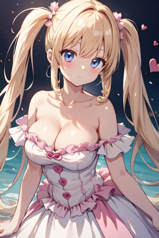 (Masterpiece), best quality, high resolution, highly detailed, She has blond long hair, Heart-shaped twintails, large breasts, cleavage. She wears torn pink frilled weeding dress