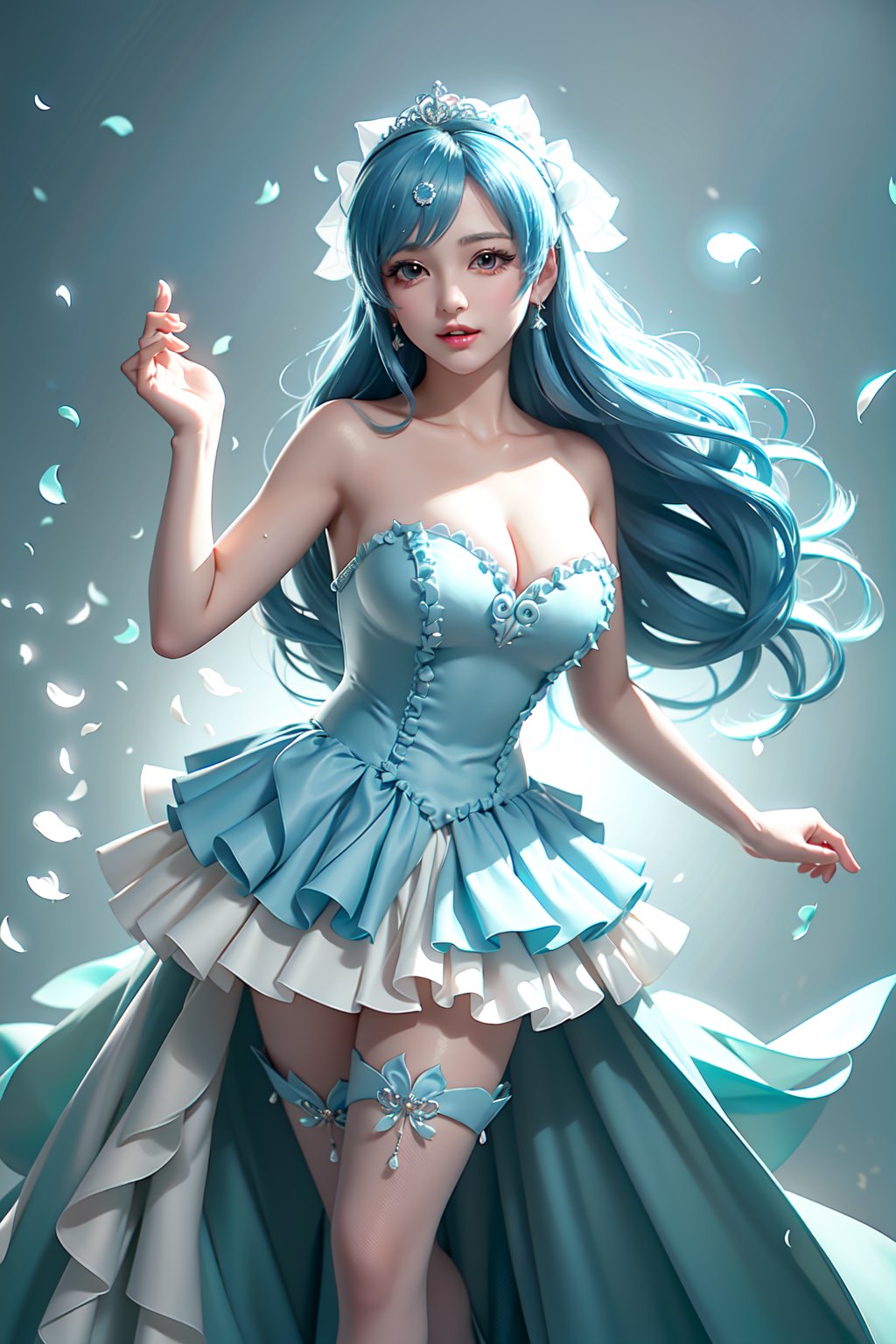 Here's a prompt that captures the essence of this vivid description:

Create an image of an idol in a daring pose on a stage lit by warm movie lighting and neon lights. She wears a revealing blue frilled wedding dress with long blue hair adorned with gems. Her breasts are showcased with cleavage, glistening with sweat as she points with one hand while her other arm rests on the stage. The spotlight highlights her figure, white stockings, and intricate hair accessories against a blurred background of floral patterns and music notes. Ryuubi-style cross laces adorn her underbust, lifting her skirt to reveal more of her stunning physique. The overall effect should be visually stunning, with high-quality details and a sense of movement.