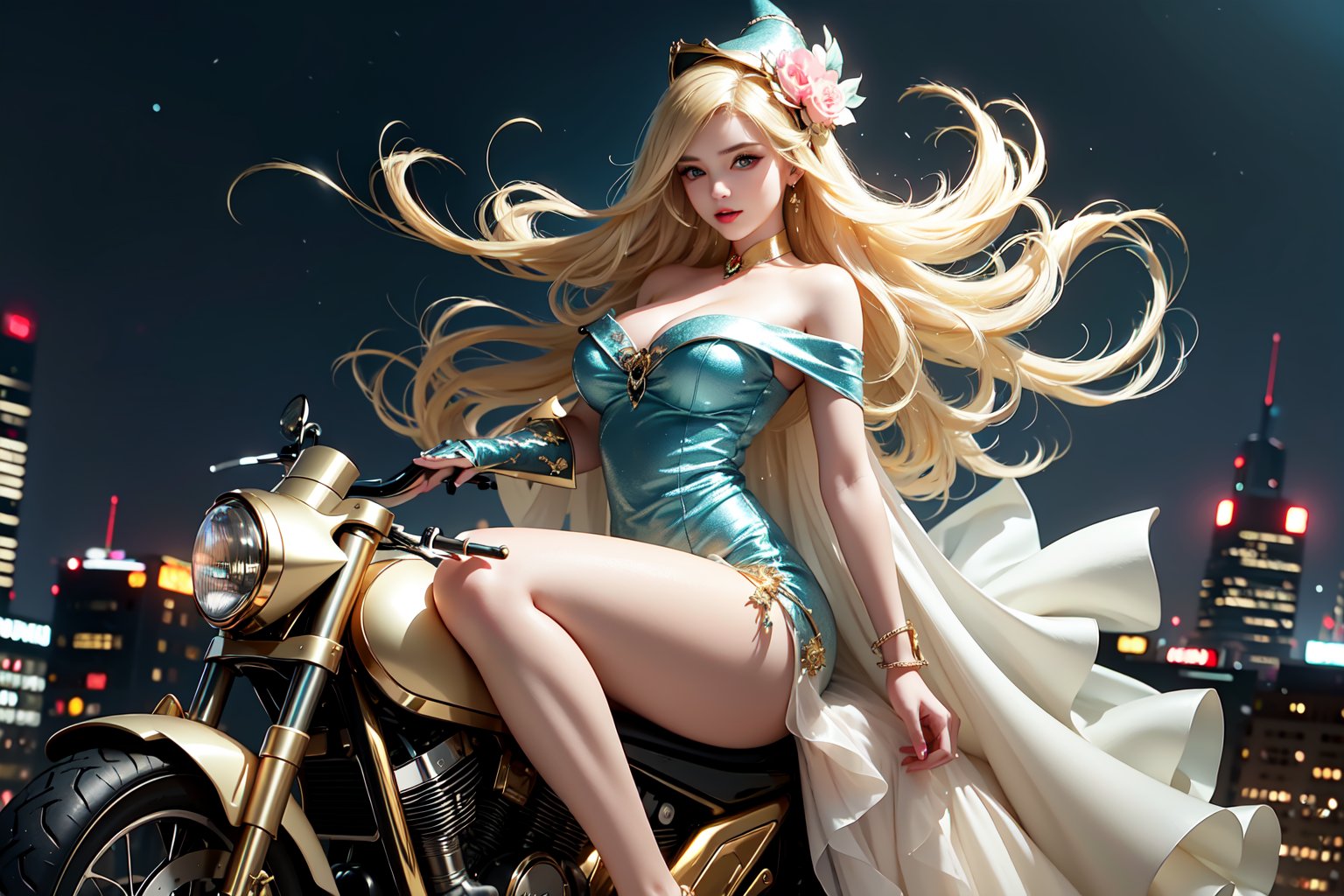 A sultry urban goddess astride a powerful motorcycle, bathed in vibrant neon city glow, confidently strikes a pose amidst towering skyscrapers. Neon hues illuminate the blue-pink frilled wedding dress clinging to her curves, showcasing the Wizard's hat-adorned bangs and off-shoulder design. blond long hair cascade down like a river, framing her striking features and golden hair flowing behind her. Piercing blue eyes gleam with mischief as she confronts the viewer beneath an ornate hair ornament on her flowing locks. City lights accentuate her features, highlighting a sugary sweet sensuality in this Sugimori Ken-inspired art piece.