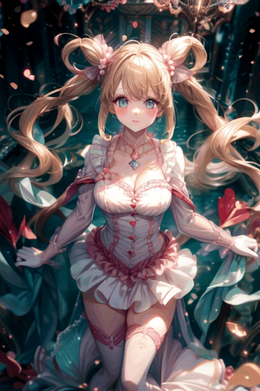 Here is a coherent and descriptive prompt for the described image: A close-up shot of a majestic idol standing on stage amidst confetti and hearts, with her big aqua eyes sparkling as she poses sweetly beneath her pink frilled wedding dress. The camera focuses on her underbust design accentuating large breasts, framed by delicate lace details. Her blond heart-shaped twintails adorned with gems and jewelry cascade down. As Skirt fluttering violently, showcasing her perfectly proportioned face and tantalizing physique, a glimpse of silk panties with lace-trimmed 2.0 is revealed underneath the flowing fabric.,hmnl,floral dress, simple background, flower, twintails, blue eyes,