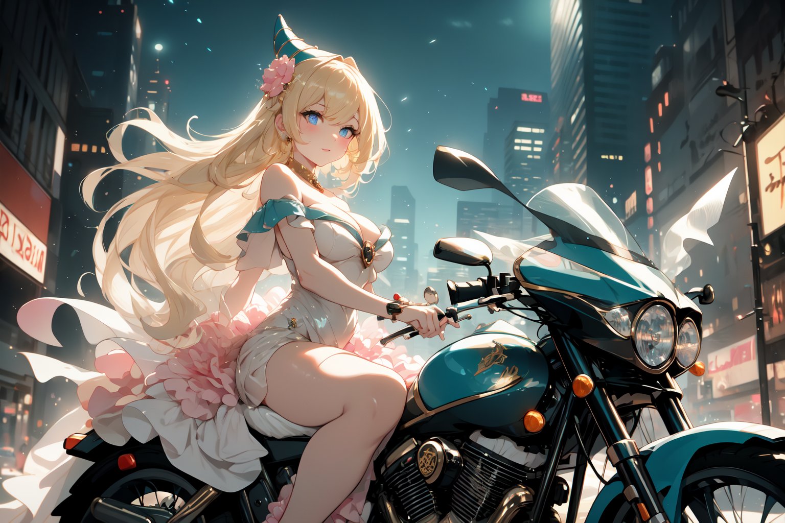 A sultry urban goddess astride a powerful motorcycle, bathed in vibrant neon city glow, confidently strikes a pose amidst towering skyscrapers. Neon hues illuminate the blue-pink frilled wedding dress clinging to her curves, showcasing the Wizard's hat-adorned bangs and off-shoulder design. blond long hair cascade down like a river, framing her striking features and golden hair flowing behind her. Piercing blue eyes gleam with mischief as she confronts the viewer beneath an ornate hair ornament on her flowing locks. City lights accentuate her features, highlighting a sugary sweet sensuality in this Sugimori Ken-inspired art piece.