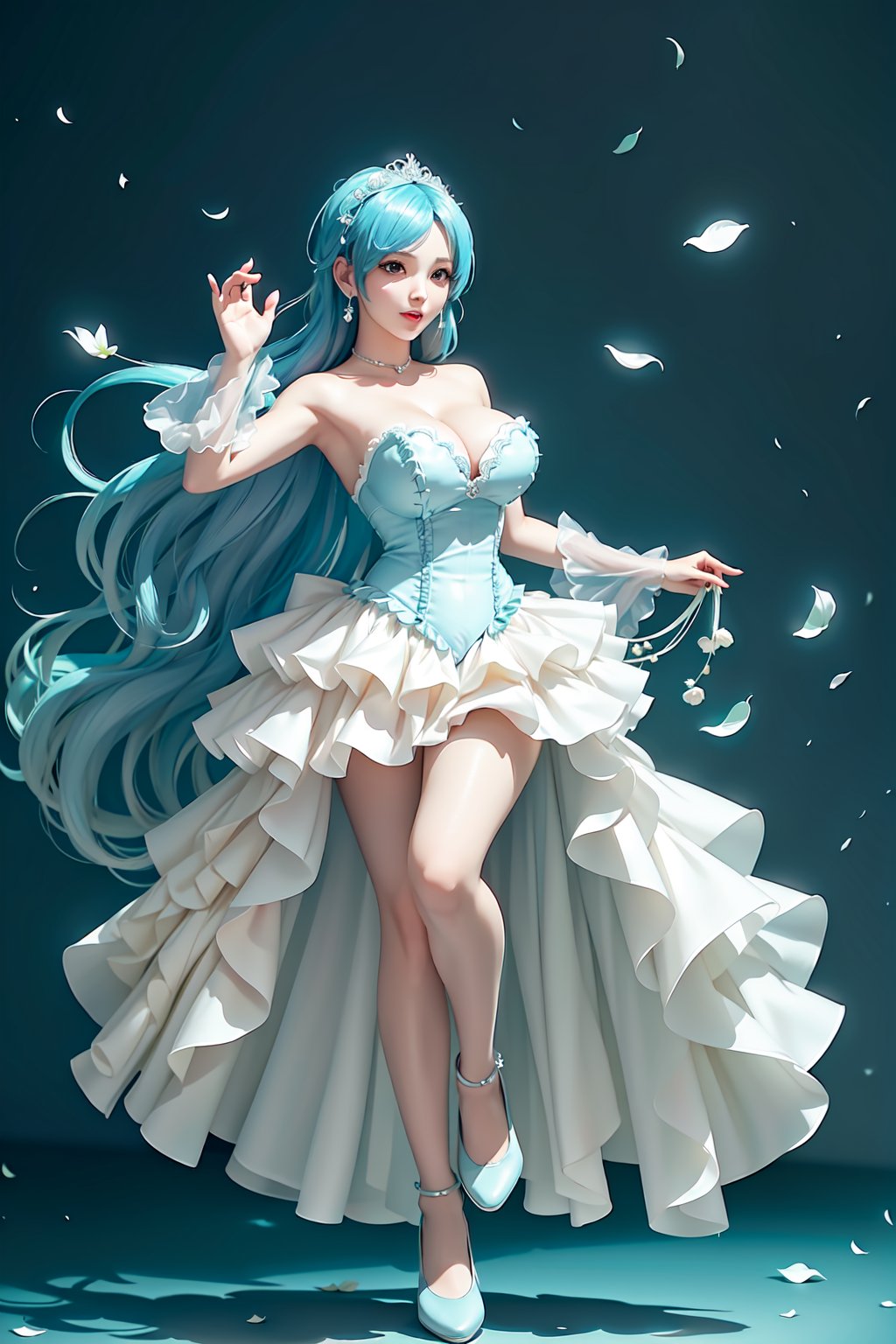 Here's a prompt that captures the essence of this vivid description:

Create an image of an idol in a daring pose on a stage lit by warm movie lighting and neon lights. She wears a revealing blue frilled wedding dress with long blue hair adorned with gems. Her breasts are showcased with cleavage, glistening with sweat as she points with one hand while her other arm rests on the stage. The spotlight highlights her figure, white stockings, and intricate hair accessories against a blurred background of floral patterns and music notes. Ryuubi-style cross laces adorn her underbust, lifting her skirt to reveal more of her stunning physique. The overall effect should be visually stunning, with high-quality details and a sense of movement.