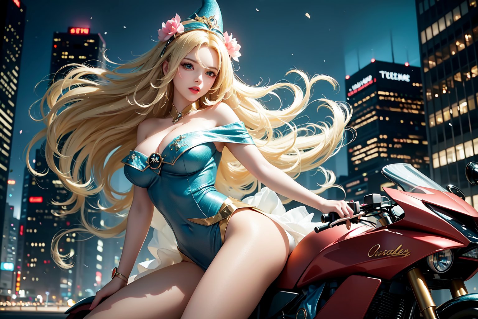 A sultry urban goddess astride a powerful motorcycle, bathed in vibrant neon city glow, confidently strikes a pose amidst towering skyscrapers. Neon hues illuminate the blue-pink frilled wedding dress clinging to her curves, showcasing the Wizard's hat-adorned bangs and off-shoulder design. blond long hair cascade down like a river, framing her striking features and golden hair flowing behind her. Piercing blue eyes gleam with mischief as she confronts the viewer beneath an ornate hair ornament on her flowing locks. City lights accentuate her features, highlighting a sugary sweet sensuality in this Sugimori Ken-inspired art piece.