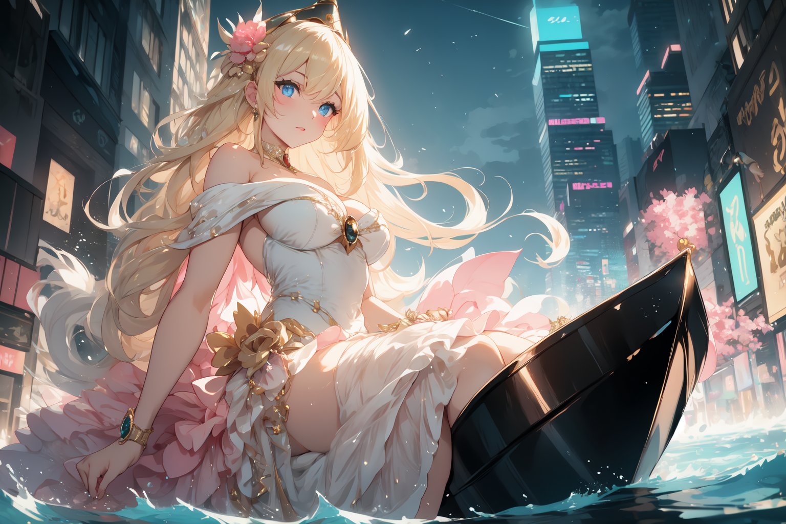 A sultry urban goddess astride a powerful motorcycle, bathed in vibrant neon city glow, confidently strikes a pose amidst towering skyscrapers. Neon hues illuminate the blue-pink frilled wedding dress clinging to her curves, showcasing the Wizard's hat-adorned bangs and off-shoulder design. blond long hair cascade down like a river, framing her striking features and golden hair flowing behind her. Piercing blue eyes gleam with mischief as she confronts the viewer beneath an ornate hair ornament on her flowing locks. City lights accentuate her features, highlighting a sugary sweet sensuality in this Sugimori Ken-inspired art piece.