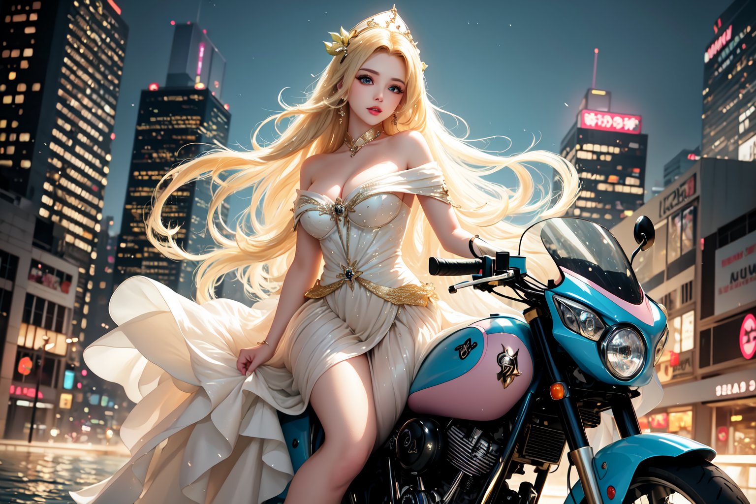 A sultry urban goddess astride a powerful motorcycle, bathed in vibrant neon city glow, confidently strikes a pose amidst towering skyscrapers. Neon hues illuminate the blue-pink frilled wedding dress clinging to her curves, showcasing the Wizard's hat-adorned bangs and off-shoulder design. blond long hair cascade down like a river, framing her striking features and golden hair flowing behind her. Piercing blue eyes gleam with mischief as she confronts the viewer beneath an ornate hair ornament on her flowing locks. City lights accentuate her features, highlighting a sugary sweet sensuality in this Sugimori Ken-inspired art piece.